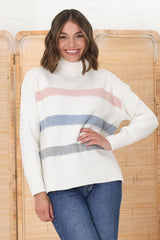 Rhea Jumper - Turtle Neck Stripe Pull Over Jumper with Multicoloured Stripes in Cream