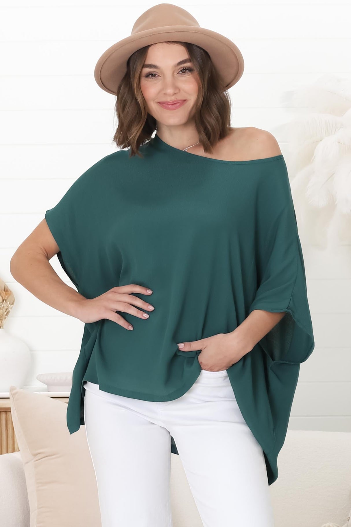 Lurye Top - Round Neckline with Bat Sleeves in Emerald