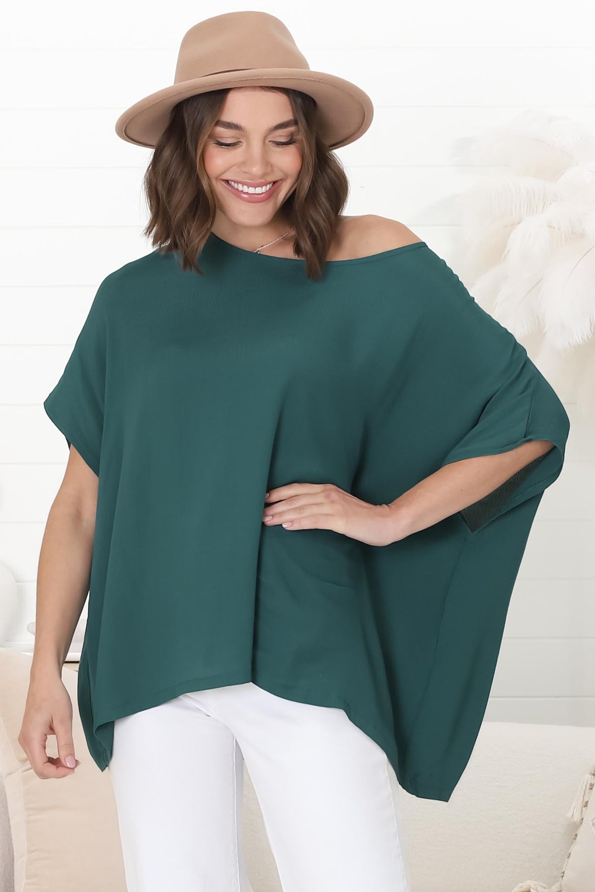 Lurye Top - Round Neckline with Bat Sleeves in Emerald