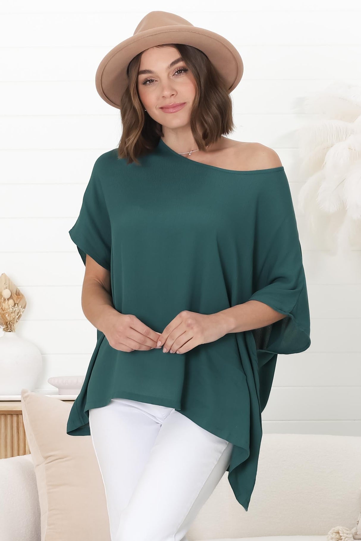 Lurye Top - Round Neckline with Bat Sleeves in Emerald