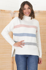 Rhea Jumper - Turtle Neck Stripe Pull Over Jumper with Multicoloured Stripes in Cream