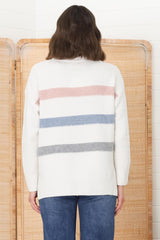 Rhea Jumper - Turtle Neck Stripe Pull Over Jumper with Multicoloured Stripes in Cream