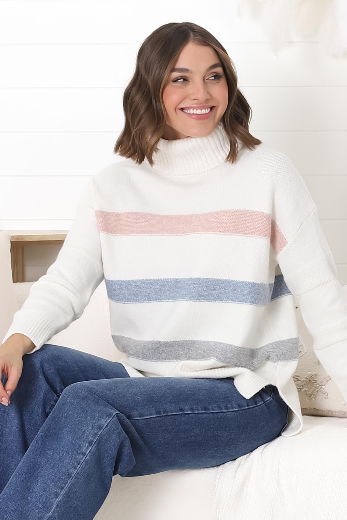 Rhea Jumper - Turtle Neck Stripe Pull Over Jumper with Multicoloured Stripes in Cream