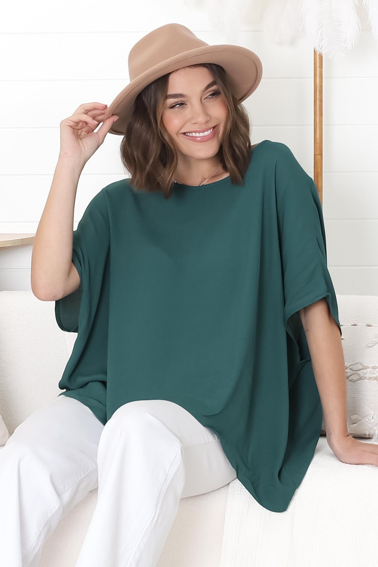 Lurye Top - Round Neckline with Bat Sleeves in Emerald