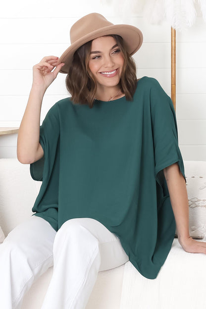 Lurye Top - Round Neckline with Bat Sleeves in Emerald