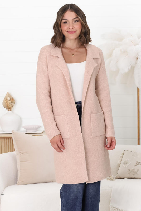 Darby Cardigan -  Folded Collar Coatigan with Pockets in Pink