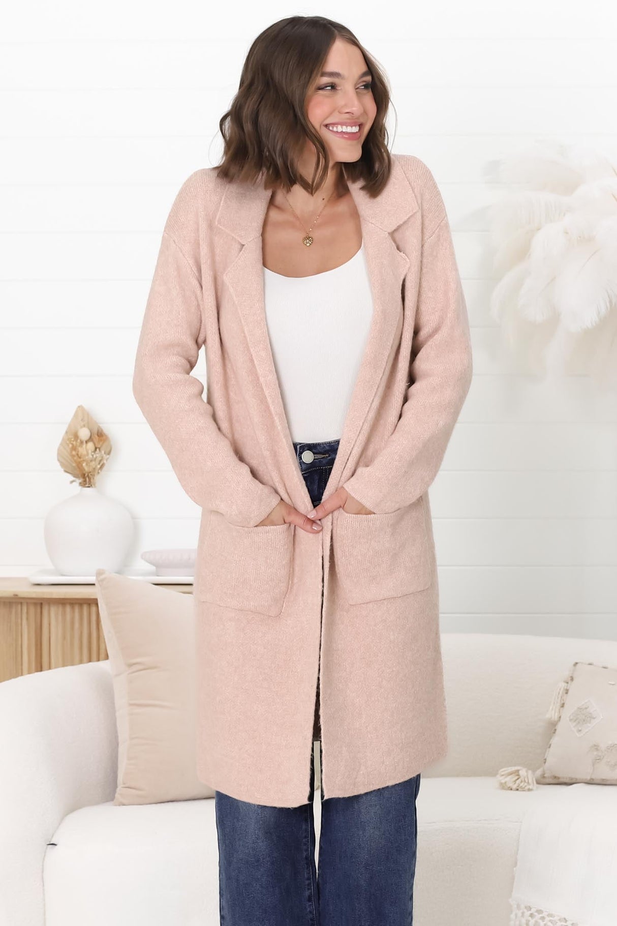 Darby Cardigan -  Folded Collar Coatigan with Pockets in Pink