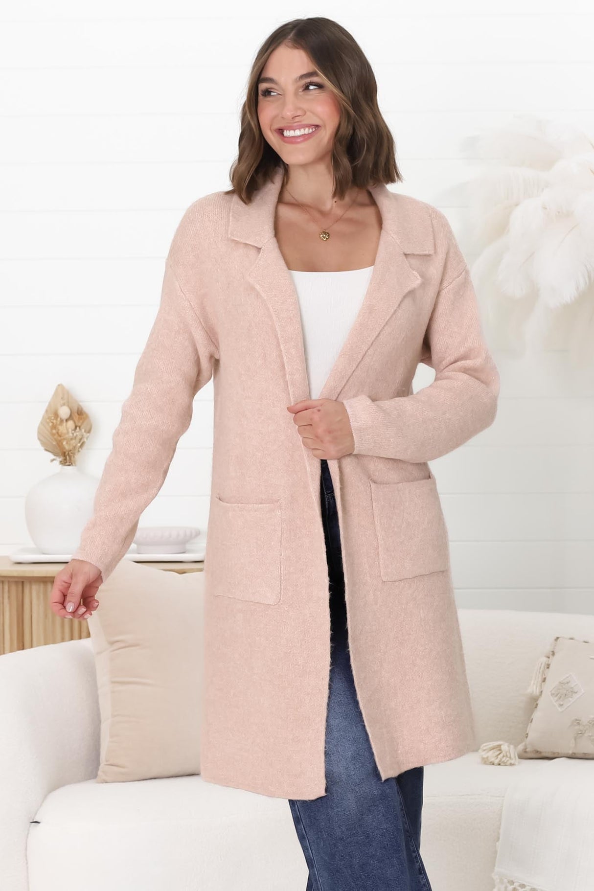 Darby Cardigan - Folded Collar Coatigan with Pockets in Pink