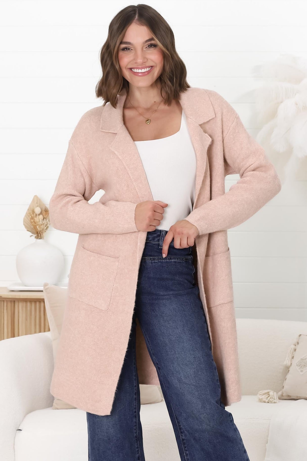 Darby Cardigan - Folded Collar Coatigan with Pockets in Pink