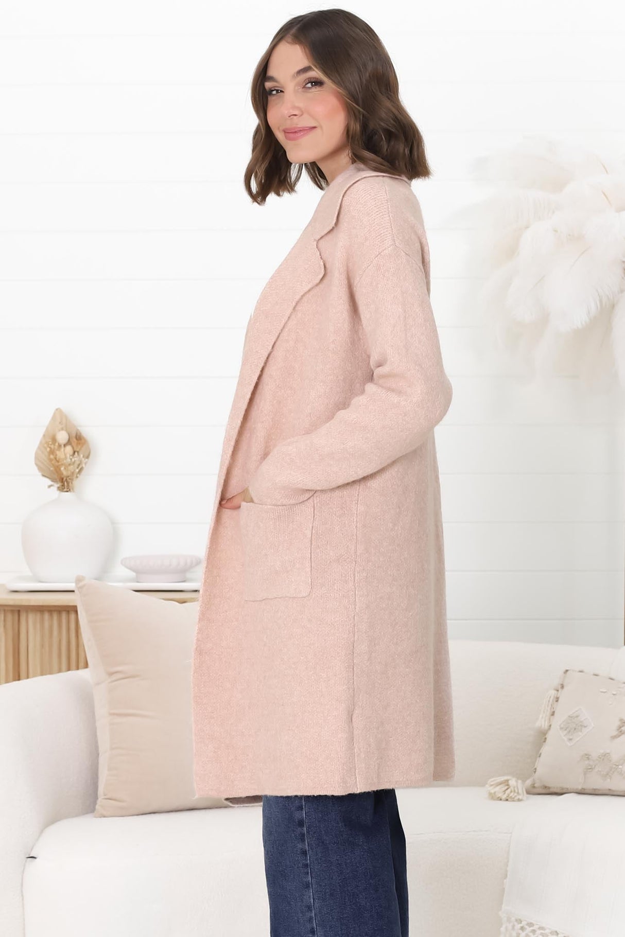 Darby Cardigan - Folded Collar Coatigan with Pockets in Pink