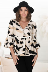 Hills Blouse - Buttoned Bodice Rick Rack Detail Smock Blouse in Raye Print Black