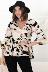 Hills Blouse - Buttoned Bodice Rick Rack Detail Smock Blouse in Raye Print Black