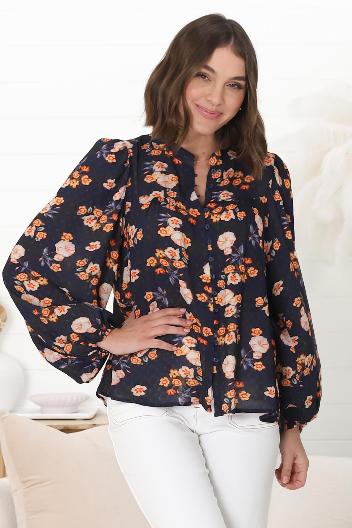 Ava Blouse - Button-Down Long Sleeve Floral Blouse in Marion Print