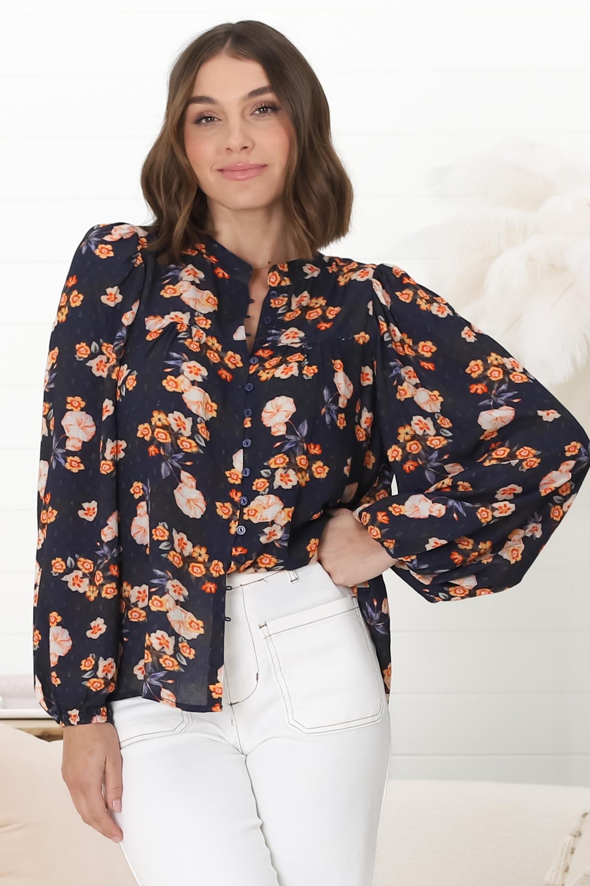 Ava Blouse - Button-Down Long Sleeve Floral Blouse in Marion Print