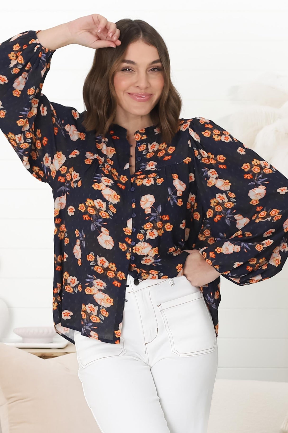 Ava Blouse - Button-Down Long Sleeve Floral Blouse in Marion Print