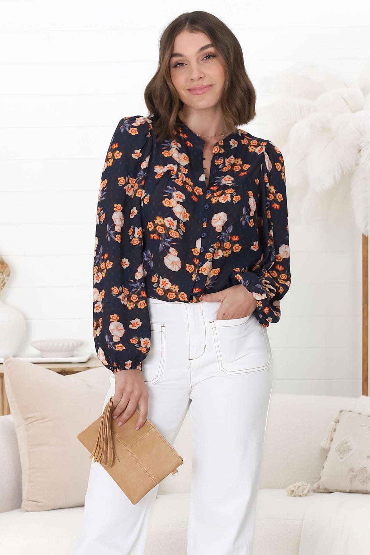 Ava Blouse - Button-Down Long Sleeve Floral Blouse in Marion Print