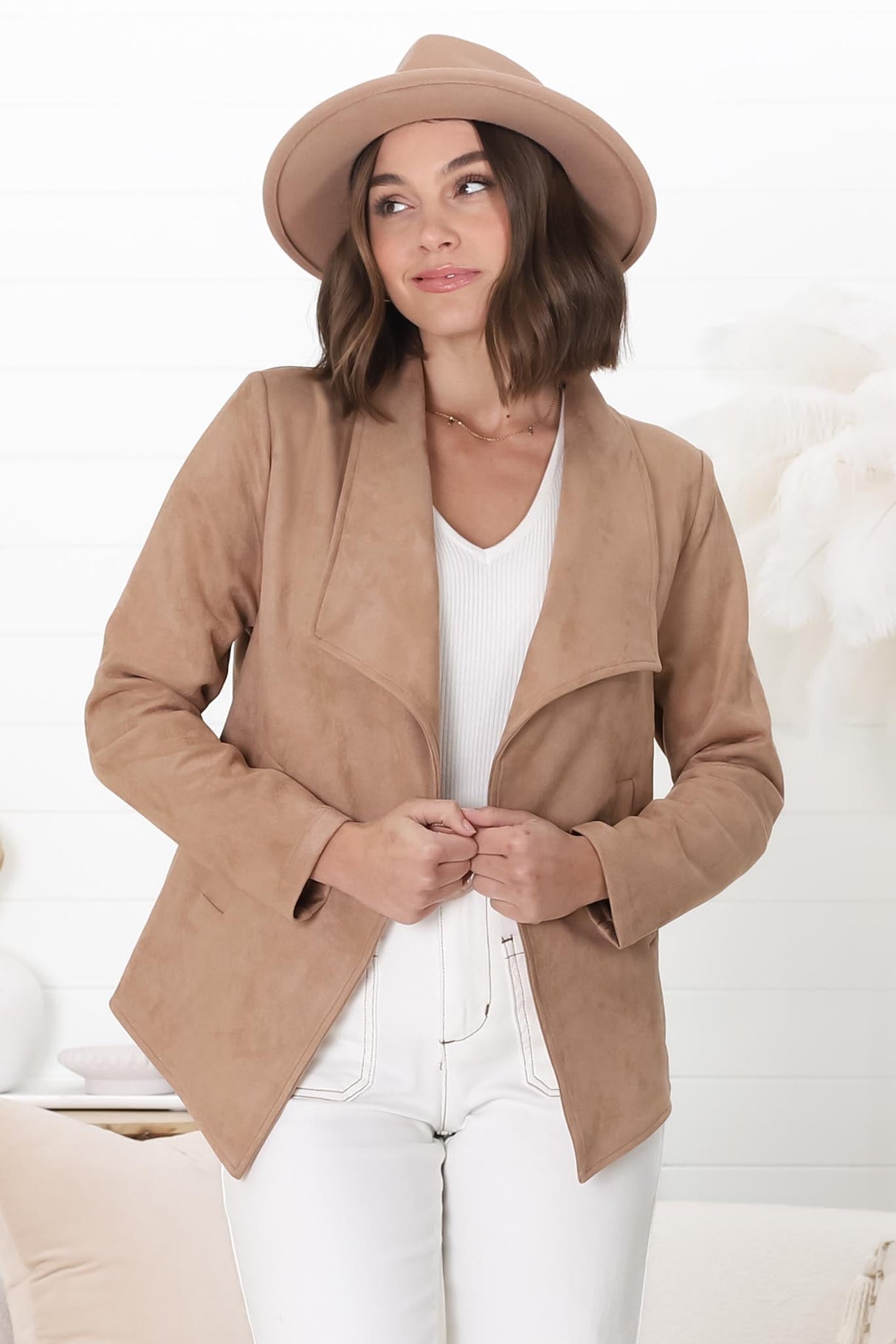 Ollie Suede Jacket - Waterfall Collar Open Front Faux Suede Jacket in Hazel