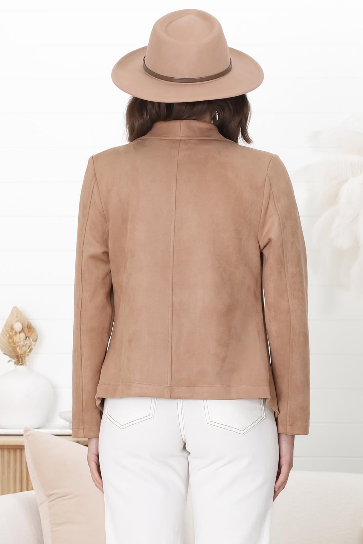 Ollie Suede Jacket - Waterfall Collar Open Front Faux Suede Jacket in Hazel