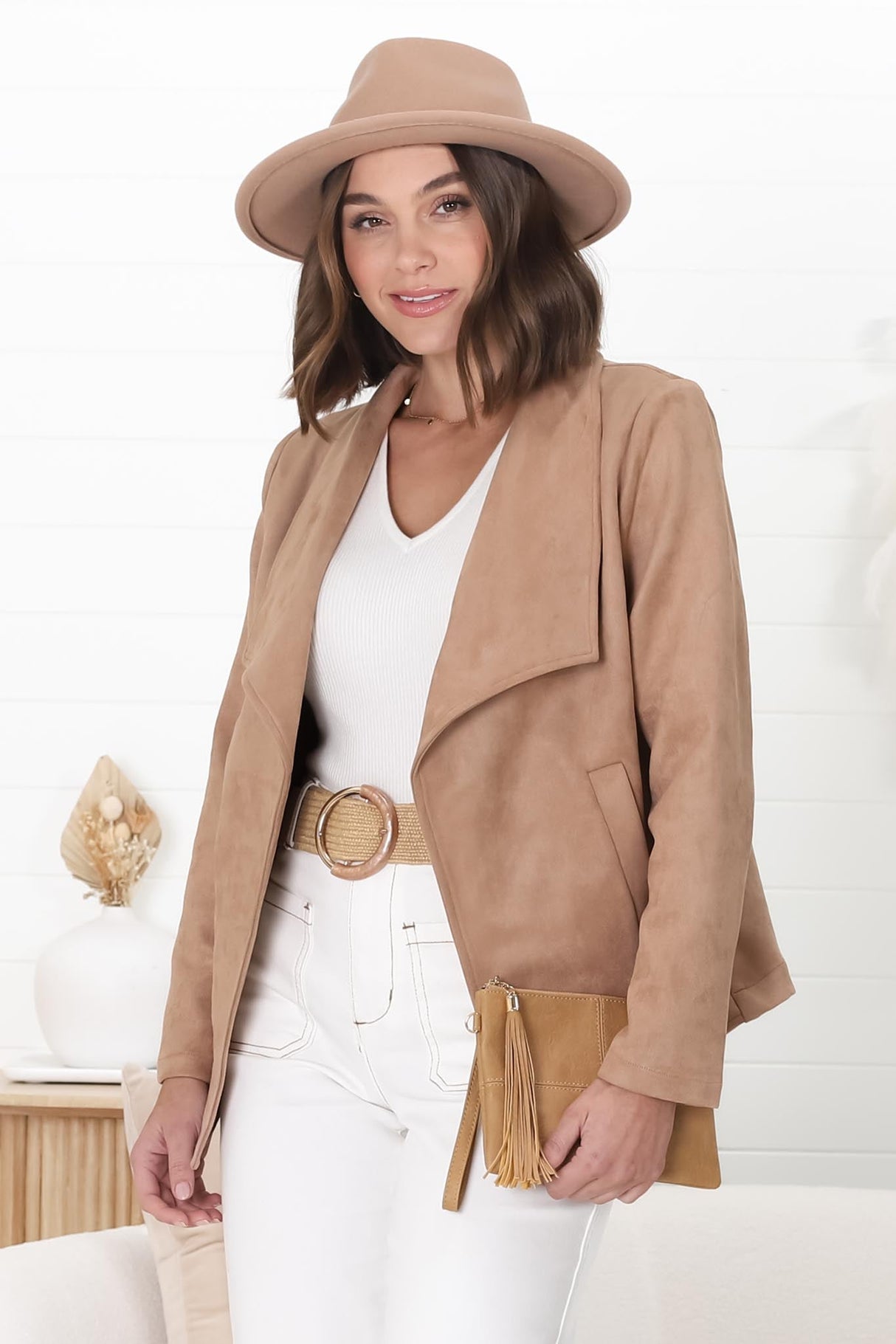 Ollie Suede Jacket - Waterfall Collar Open Front Faux Suede Jacket in Hazel