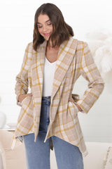 Telma Coat - Checkered Collared Coat with Matching Belt in Yellow