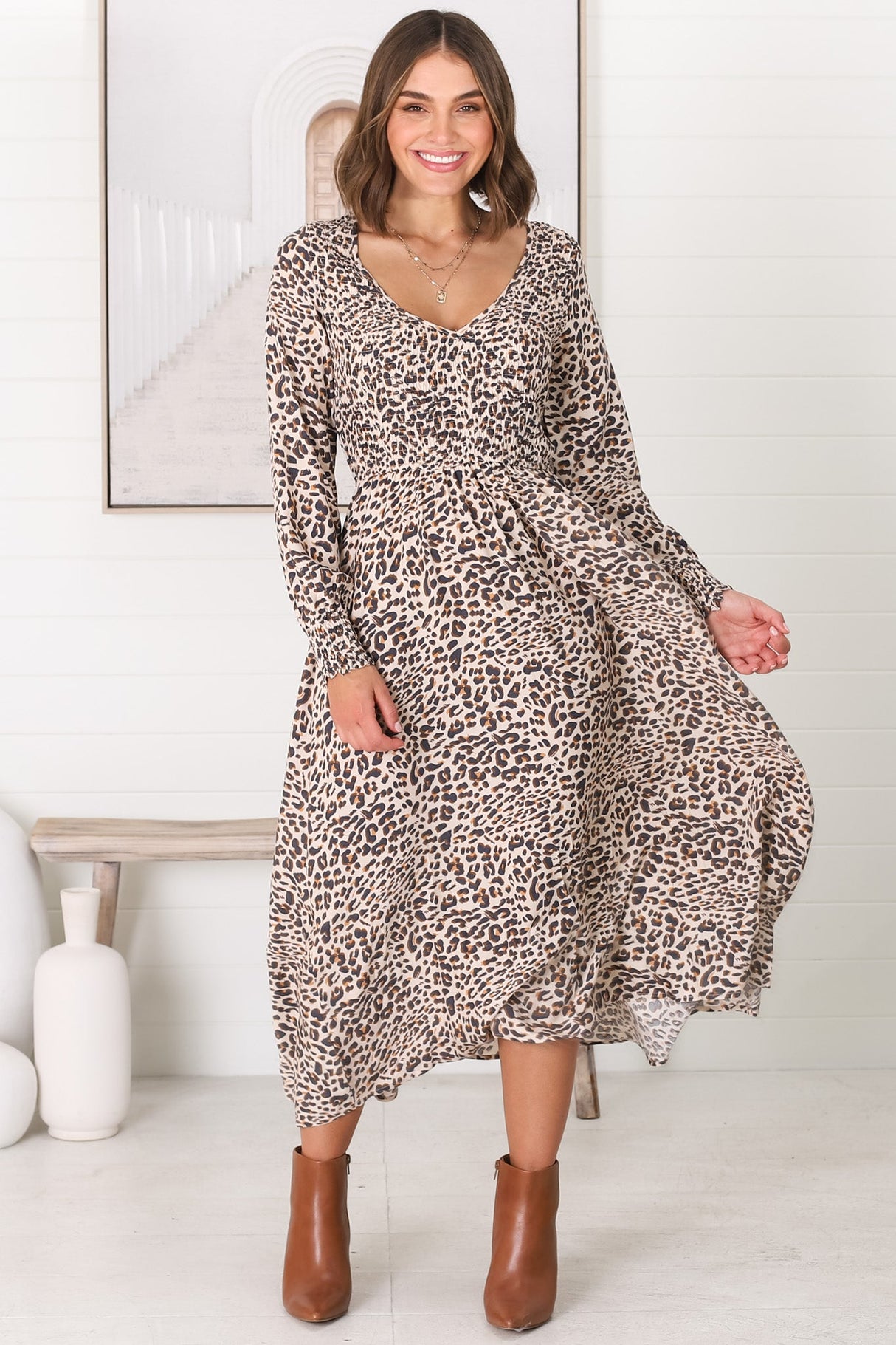 Persia Midi Dress - Soft V Neck Shirred Bodice A Line Dress with Long Sleeves in Perrie Print