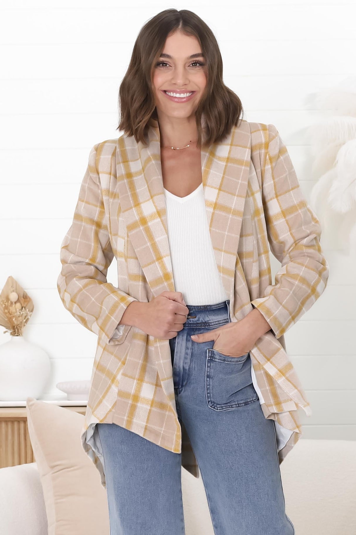 Telma Coat - Checkered Collared Coat with Matching Belt in Yellow