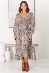 Persia Midi Dress - Soft V Neck Shirred Bodice A Line Dress with Long Sleeves in Perrie Print