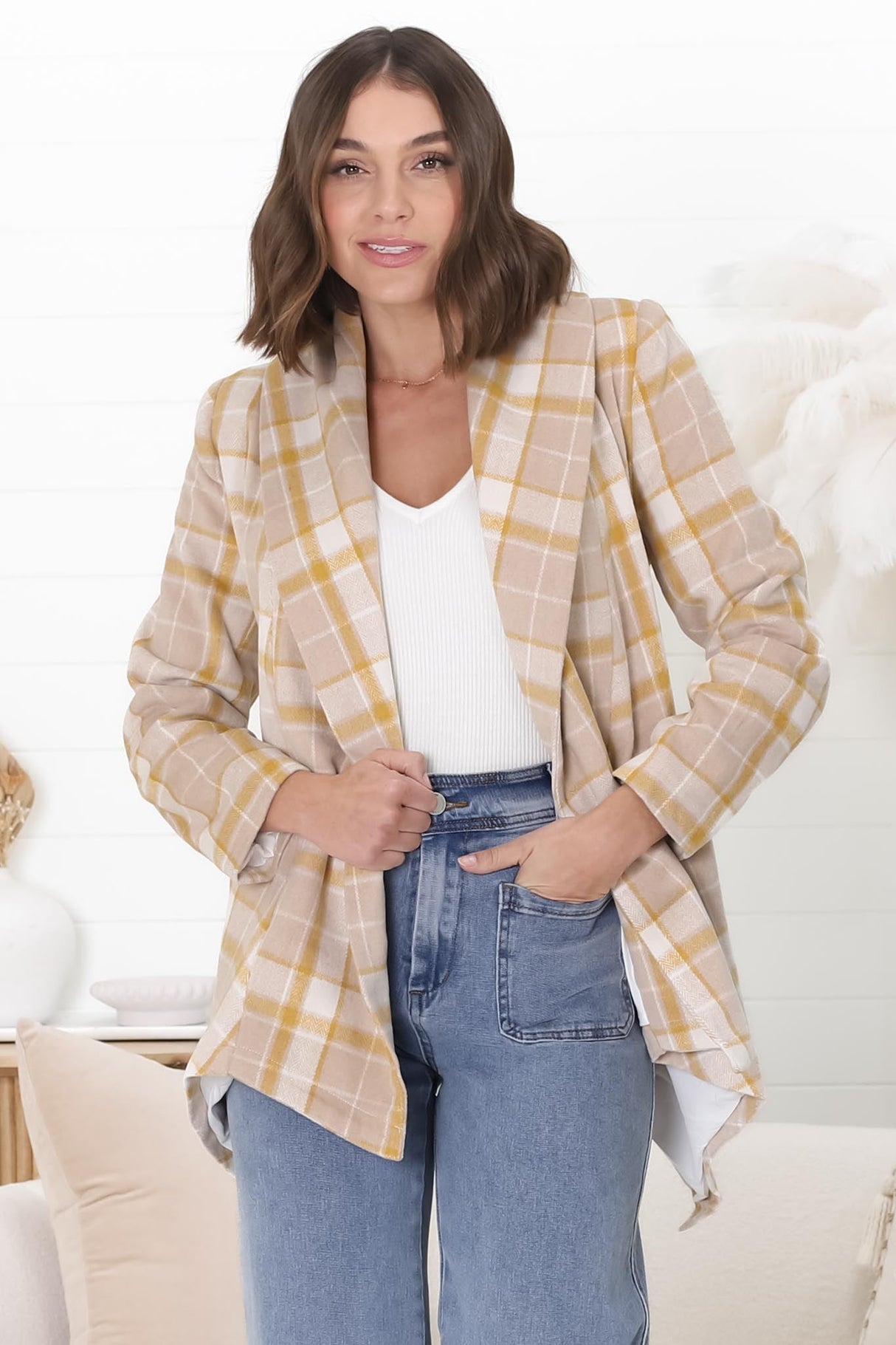 Telma Coat - Checkered Collared Coat with Matching Belt in Yellow