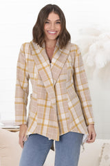 Telma Coat - Checkered Collared Coat with Matching Belt in Yellow