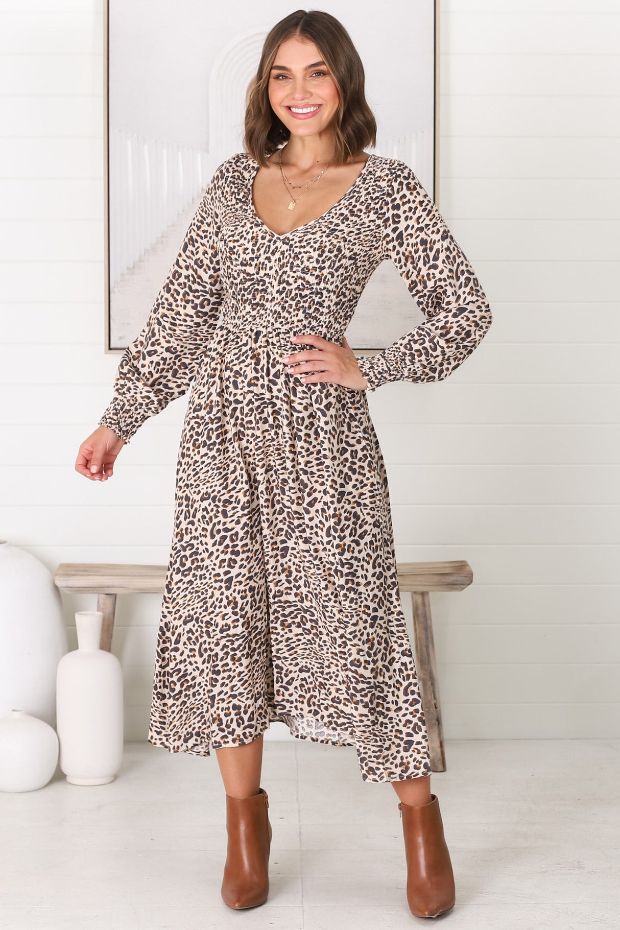 Persia Midi Dress - Soft V Neck Shirred Bodice A Line Dress with Long Sleeves in Perrie Print