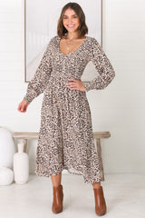 Persia Midi Dress - Soft V Neck Shirred Bodice A Line Dress with Long Sleeves in Perrie Print