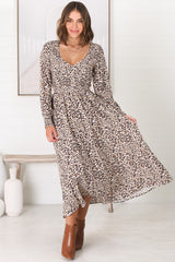 Persia Midi Dress - Soft V Neck Shirred Bodice A Line Dress with Long Sleeves in Perrie Print