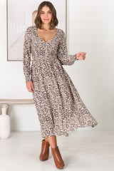 Persia Midi Dress - Soft V Neck Shirred Bodice A Line Dress with Long Sleeves in Perrie Print