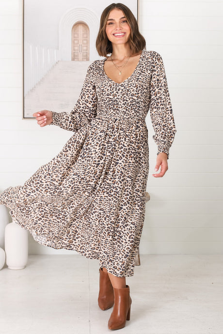 Persia Midi Dress - Soft V Neck Shirred Bodice A Line Dress with Long Sleeves in Perrie Print