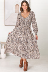 Persia Midi Dress - Soft V Neck Shirred Bodice A Line Dress with Long Sleeves in Perrie Print