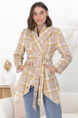 Telma Coat - Checkered Collared Coat with Matching Belt in Yellow