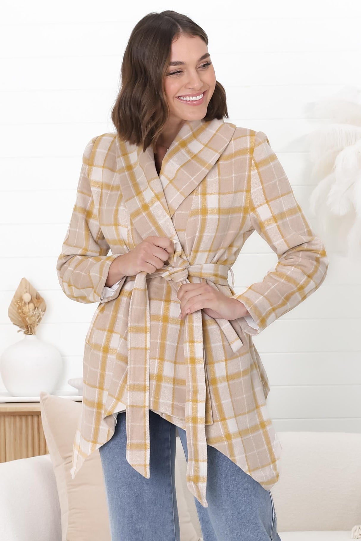 Telma Coat - Checkered Collared Coat with Matching Belt in Yellow