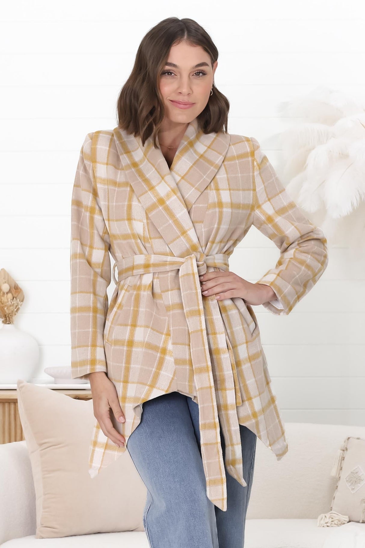 Telma Coat - Checkered Collared Coat with Matching Belt in Yellow