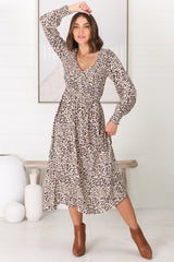 Persia Midi Dress - Soft V Neck Shirred Bodice A Line Dress with Long Sleeves in Perrie Print