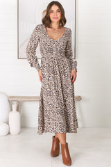 Persia Midi Dress - Soft V Neck Shirred Bodice A Line Dress with Long Sleeves in Perrie Print