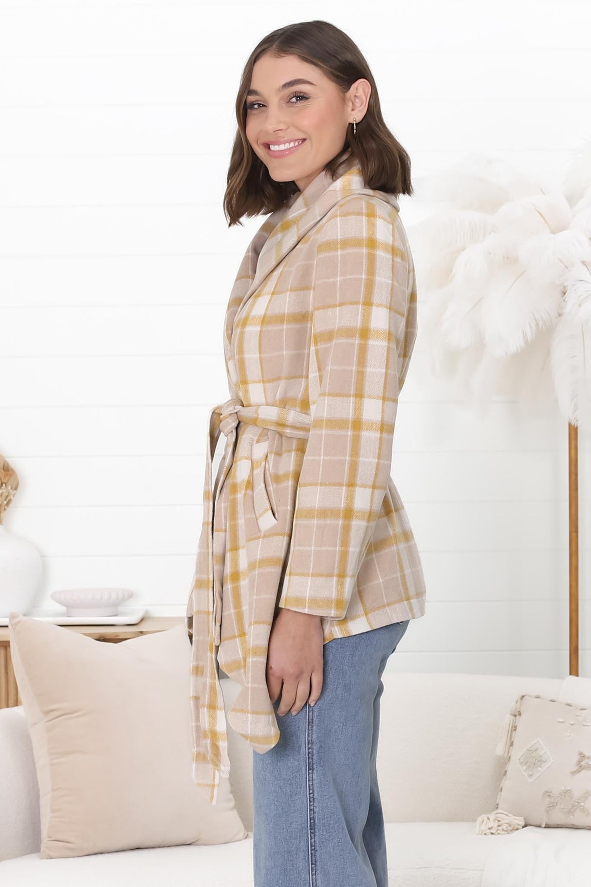 Telma Coat - Checkered Collared Coat with Matching Belt in Yellow