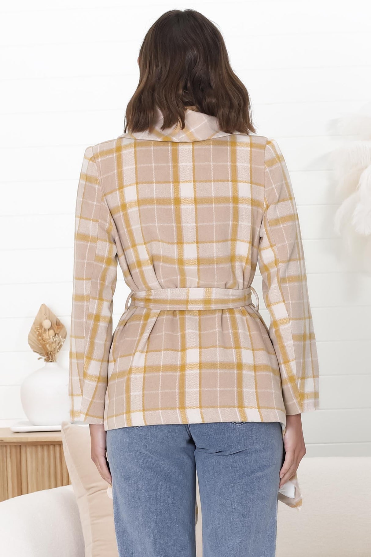 Telma Coat - Checkered Collared Coat with Matching Belt in Yellow