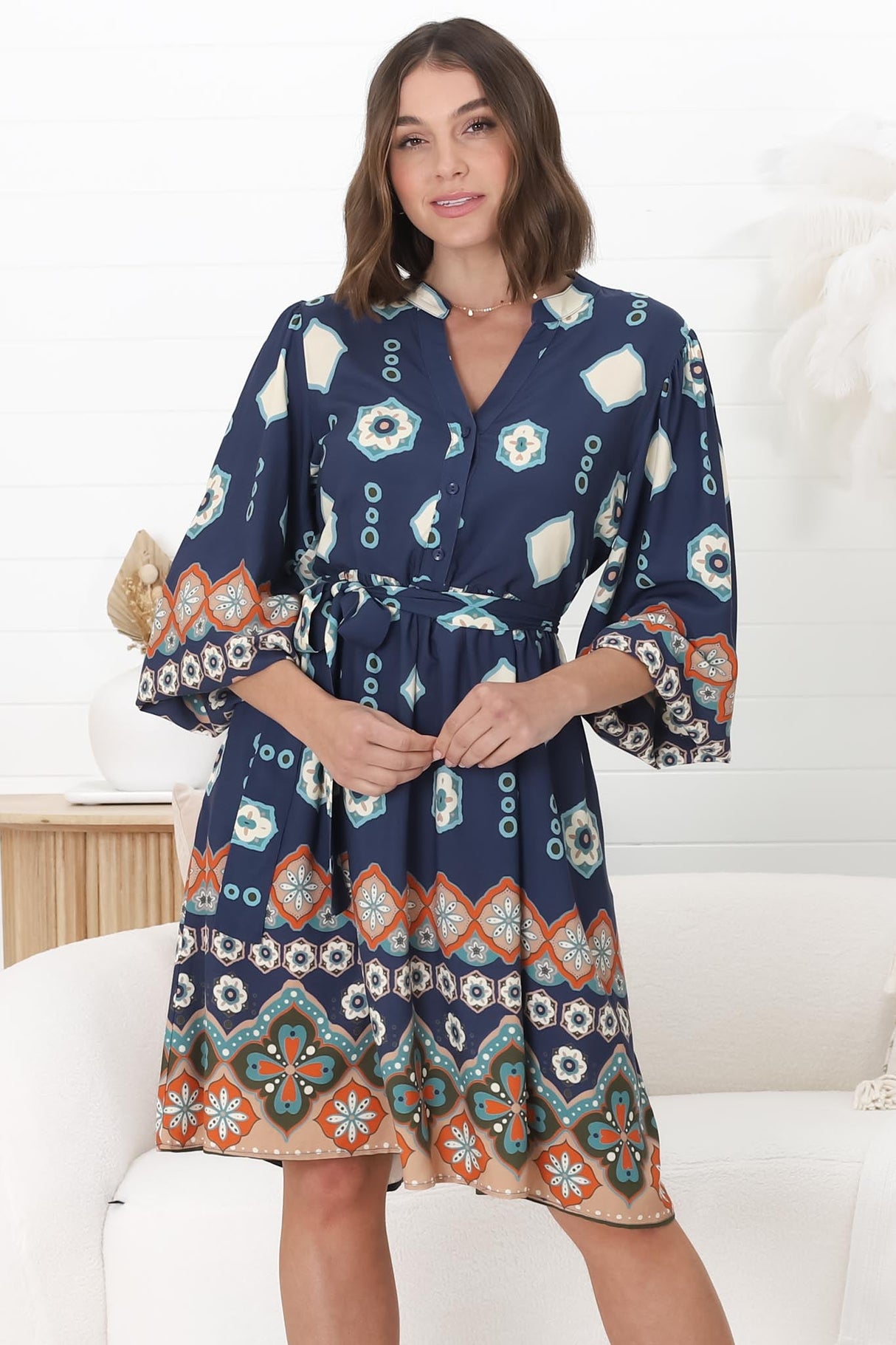 Alana Mini Dress - Tiered Smock Button Down Dress Margot Print