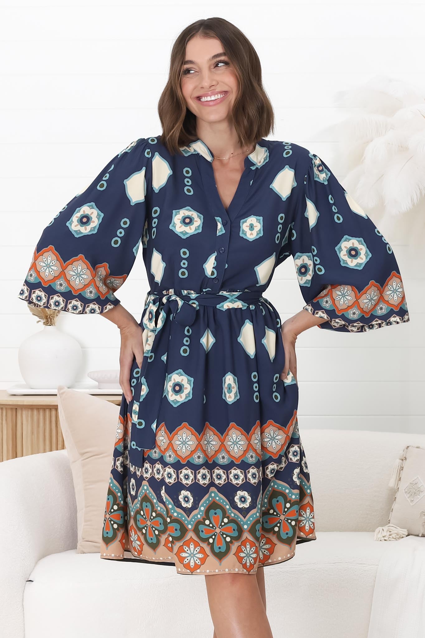 Alana Mini Dress - Tiered Smock Button Down Dress Margot Print