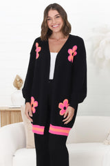 Xadie Cardigan - Multi Colour Flower Detail Open Front Cardigan In Black