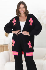 Xadie Cardigan - Multi Colour Flower Detail Open Front Cardigan In Black