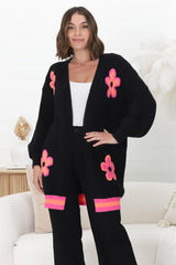 Xadie Cardigan - Multi Colour Flower Detail Open Front Cardigan In Black