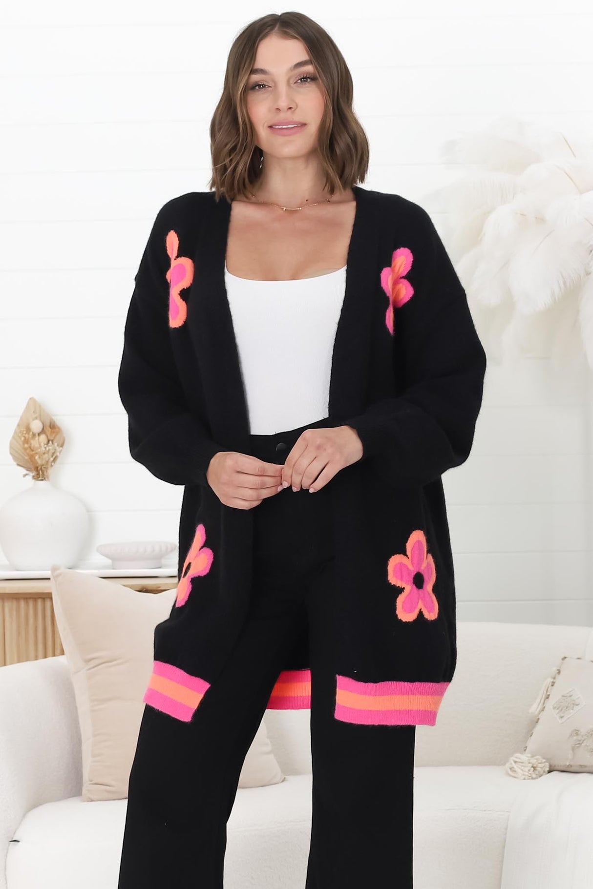 Xadie Cardigan - Multi Colour Flower Detail Open Front Cardigan In Black