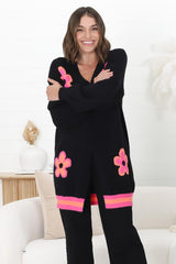 Xadie Cardigan - Multi Colour Flower Detail Open Front Cardigan In Black