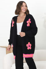 Xadie Cardigan - Multi Colour Flower Detail Open Front Cardigan In Black